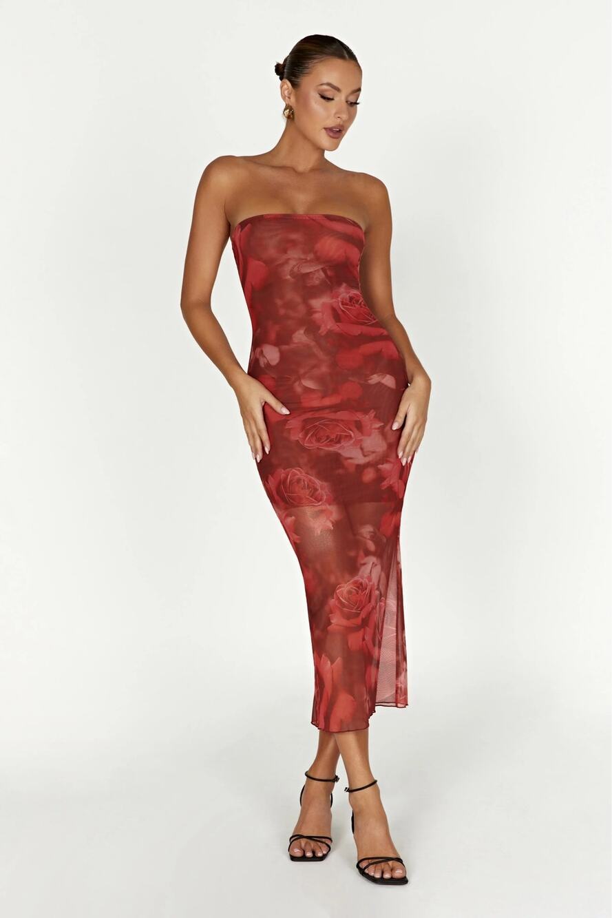 Meshki Aphrodite Strapless Mesh Dress Red Rose Floral Print Midi Bodycon Size XS